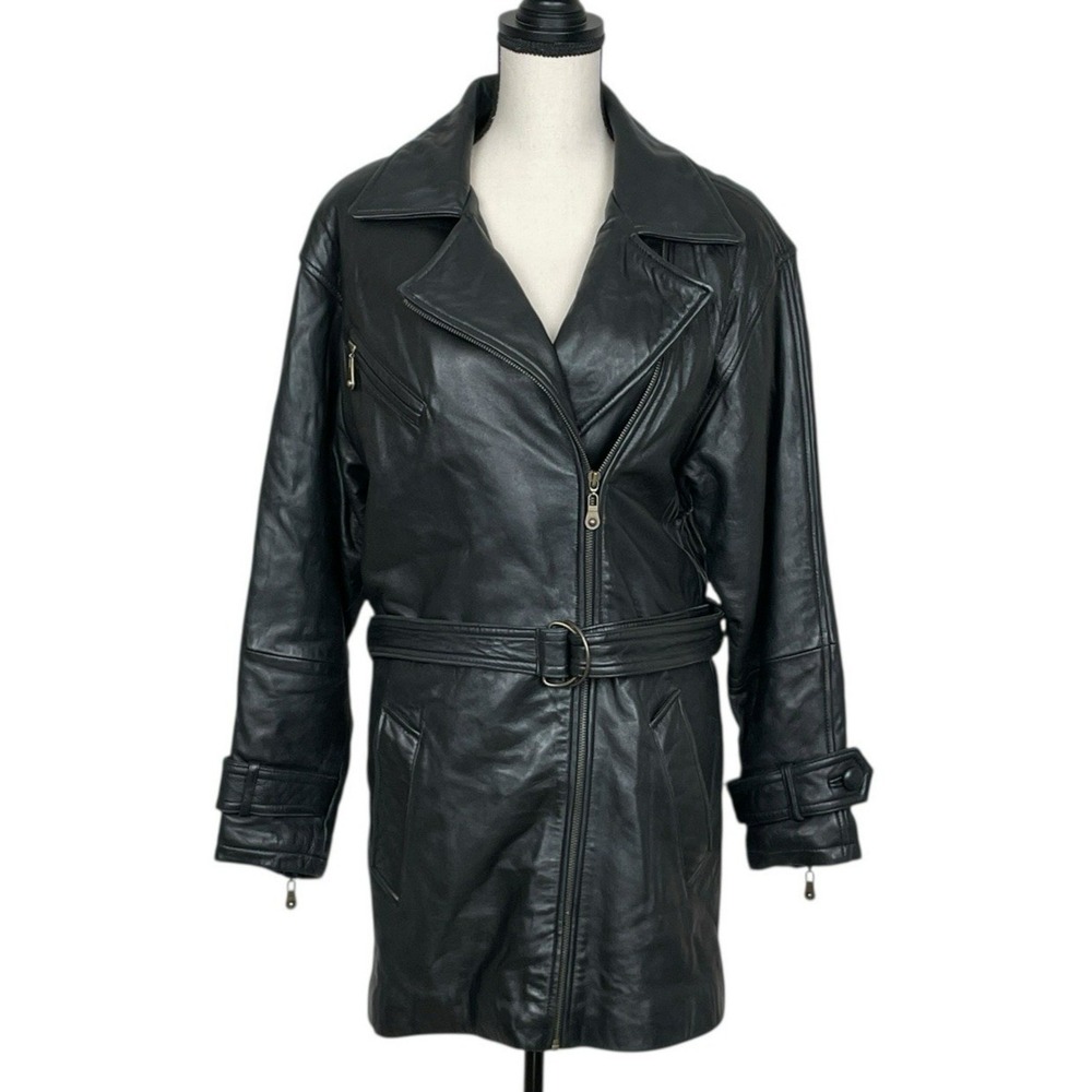 Vintage Y2K Hugo Buscati Black Leather Belted Jacket Womens M Moto Goth Grunge